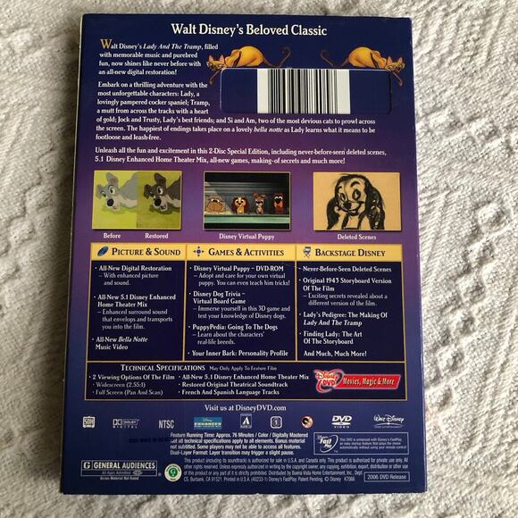 Walt Disneys Lady and the Tramp 50th Anniversary Platinum Ed DVD 2 Disc 2006 - Picture 2 of 4